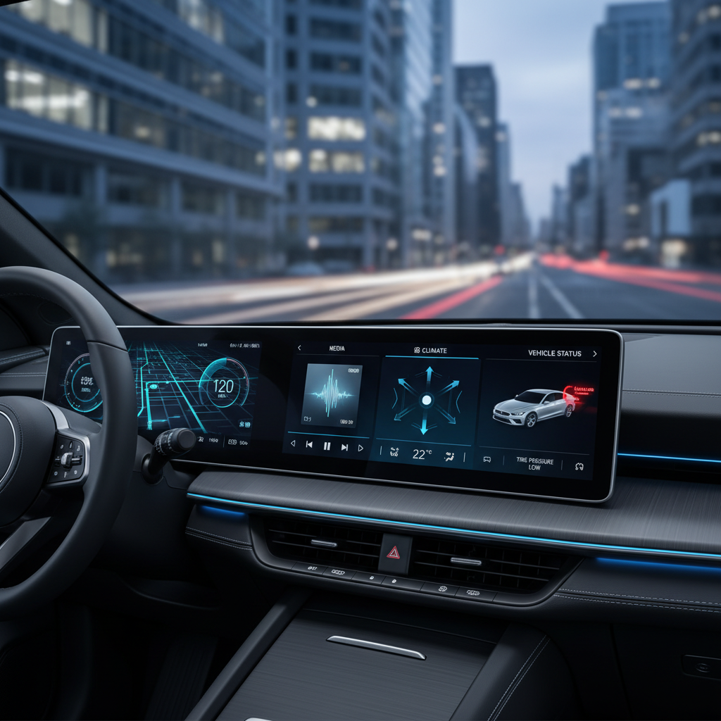 A modern car dashboard displaying various digital screens for navigation, media, and vehicle information, illustrating advanced in-car infotainment systems and digital interfaces.