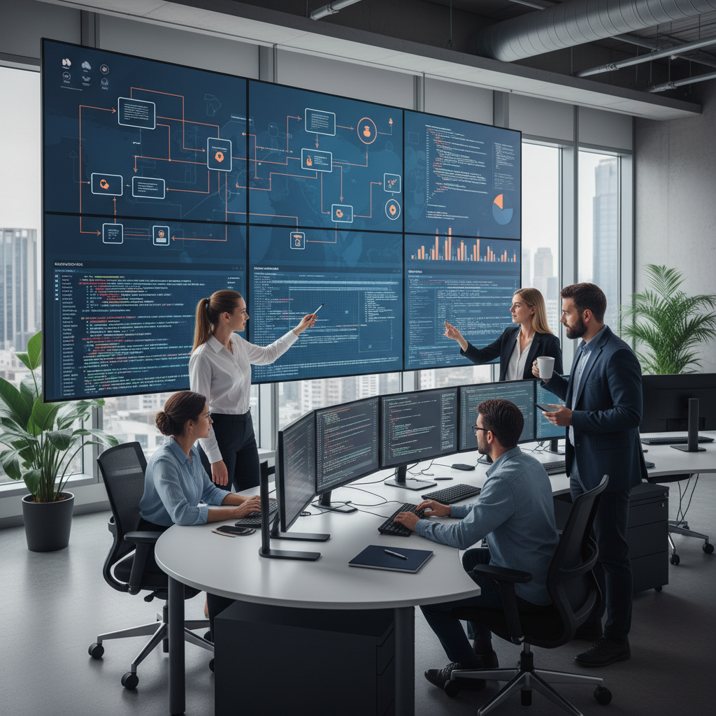 A team of software engineers collaborating in front of multiple screens displaying lines of code and architectural diagrams, representing a modern automotive software development company at work.
