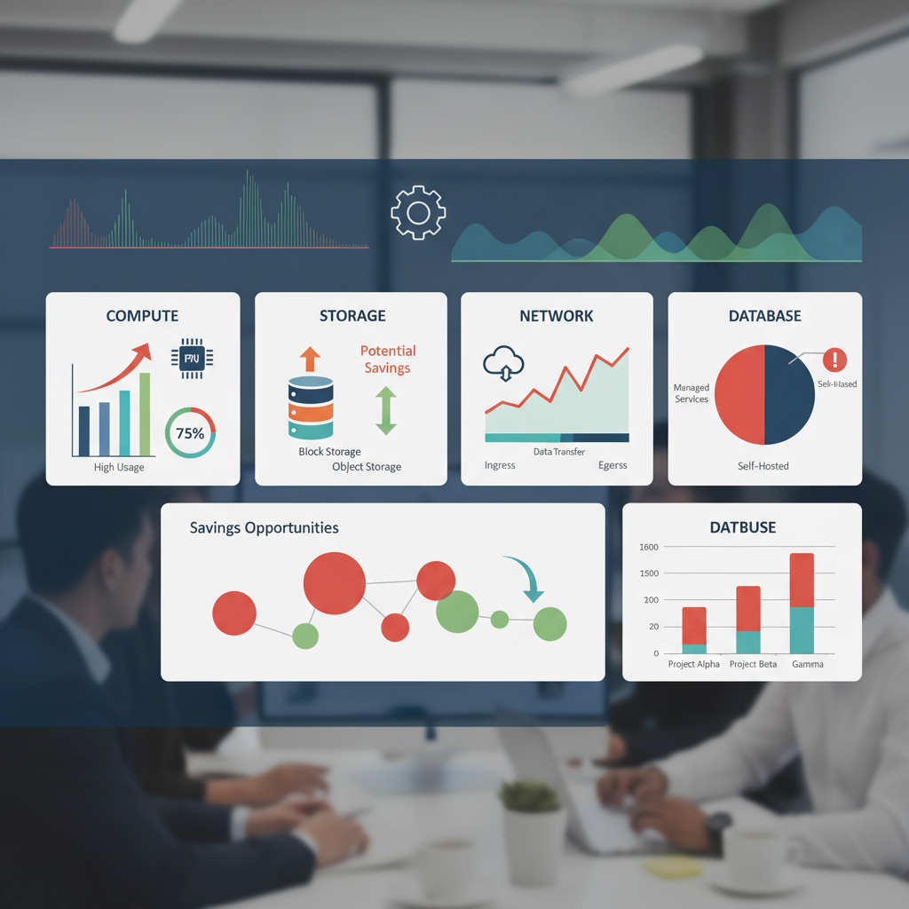 A dashboard showing various cloud service costs (compute, storage, network, database) broken down by category, with a clear indication of areas with high spending and potential savings.