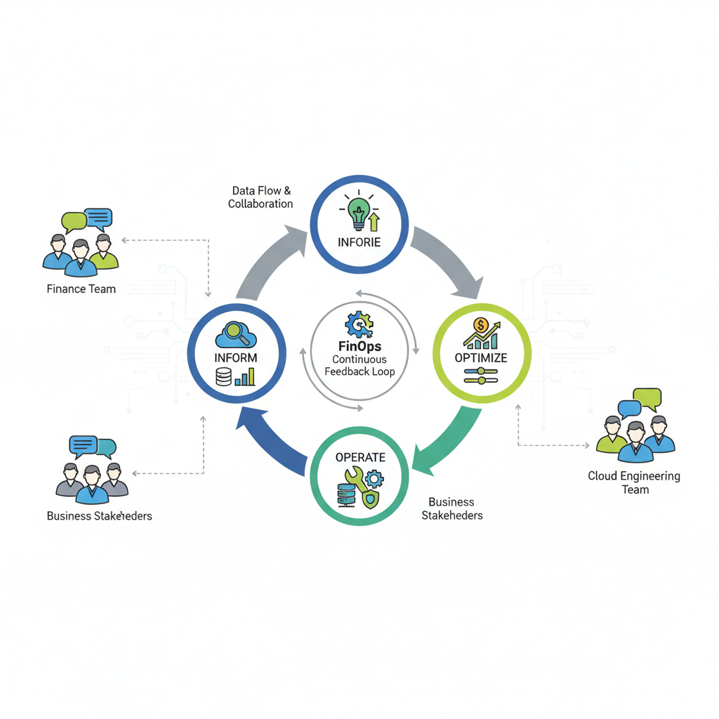 A flowchart illustrating the continuous feedback loop of FinOps, showing stages like 
