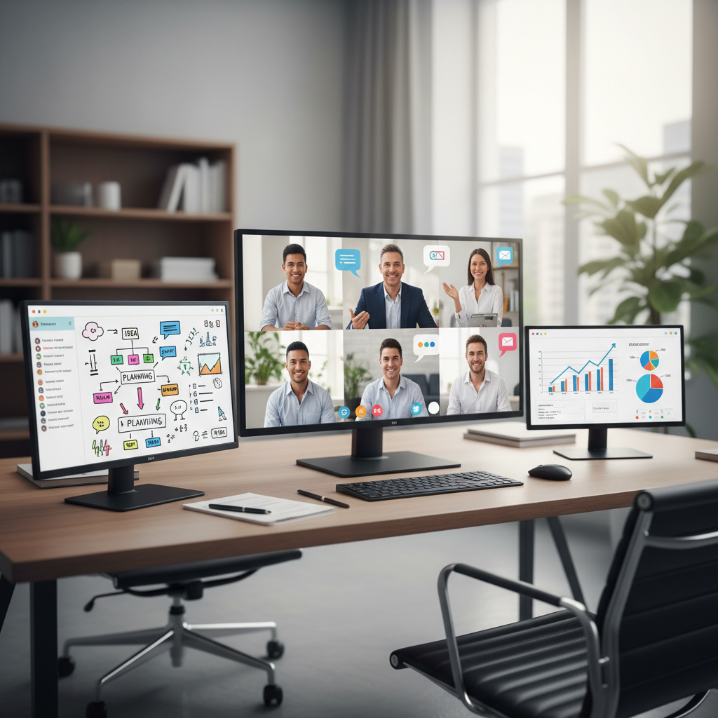 Eine vielfältige Gruppe von Studenten und Dozenten nimmt an einer interaktiven virtuellen Online-Klassenzimmersitzung teil, die auf mehreren Bildschirmen angezeigt wird, mit sichtbaren Chatfenstern und gemeinsam genutzten Whiteboards.