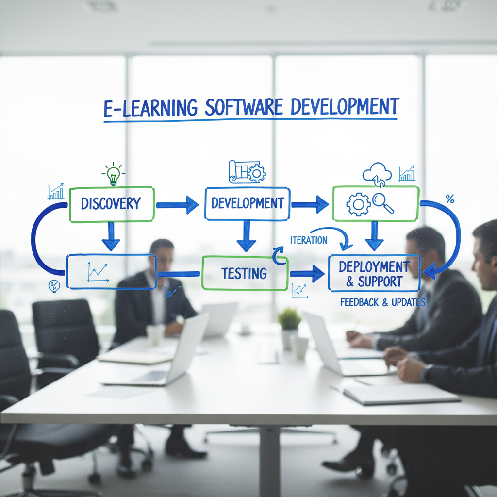 Ein Flussdiagramm, das die typischen Phasen der E-Learning-Softwareentwicklung veranschaulicht, mit Pfeilen, die Blöcke wie verbinden