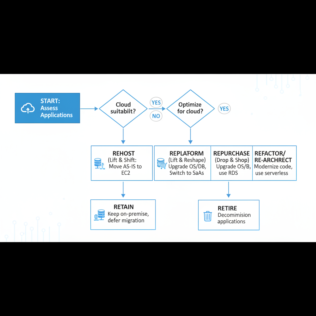 A flowchart illustrating the AWS 6 R's migration strategies with brief descriptions for each, showing decision points for choosing between rehost, replatform, refactor, repurchase, retain, and retire.