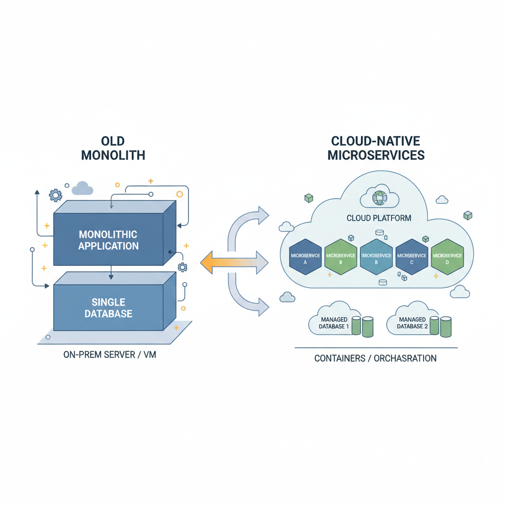 A diagram showing an old, monolithic application stack on one side transitioning with arrows to a more modern, cloud-native architecture with distinct microservices and managed databases on the other side.