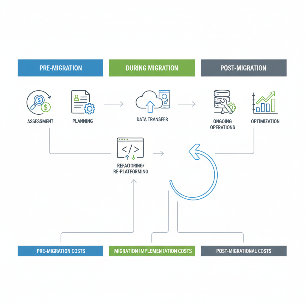 A detailed infographic illustrating the different phases of AWS migration (Pre-Migration, During Migration, Post-Migration) with associated cost categories like assessment, data transfer, refactoring, and ongoing operations, connected by arrows showing the flow of expenses.