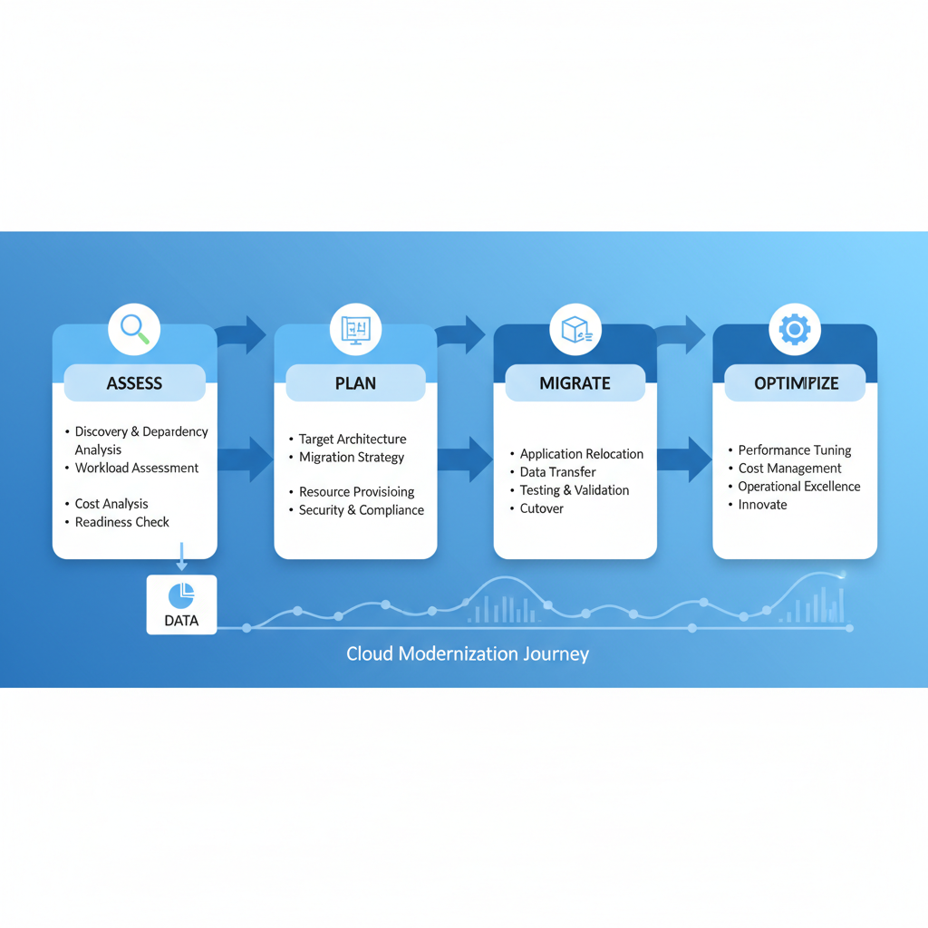 A flowchart illustrating the four phases of Azure Migration: Assess, Plan, Migrate, Optimize, with key activities listed under each phase.