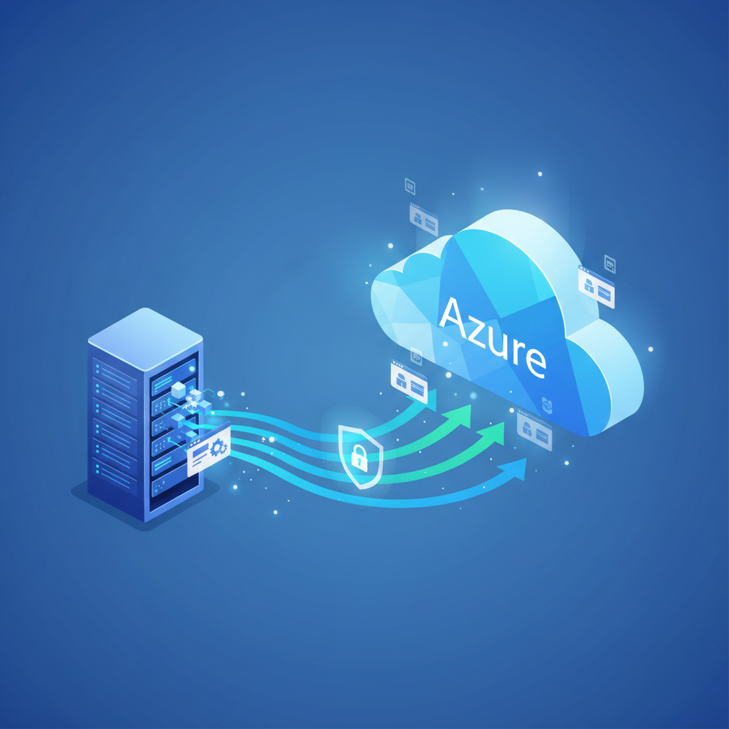 A conceptual image showing data and applications moving from an on-premises server rack to a stylized cloud icon representing Azure, with arrows indicating a smooth, secure transition.