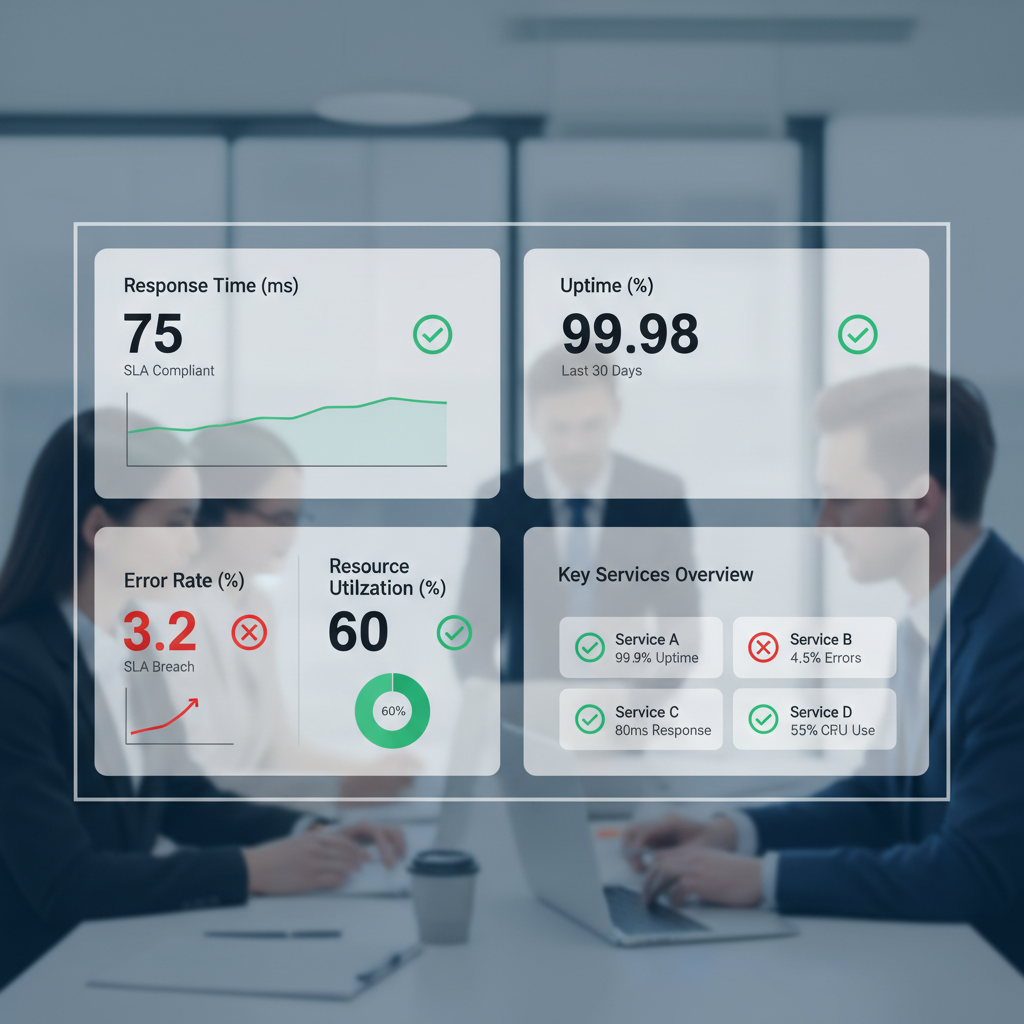 A dashboard showing various application performance metrics like response time, uptime, error rates, and resource utilization, with clear green/red indicators for SLA compliance.