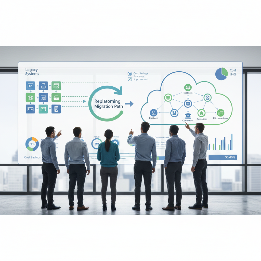 A diverse team of software engineers collaborating around a large monitor displaying cloud architecture diagrams, illustrating complex replatforming strategies.