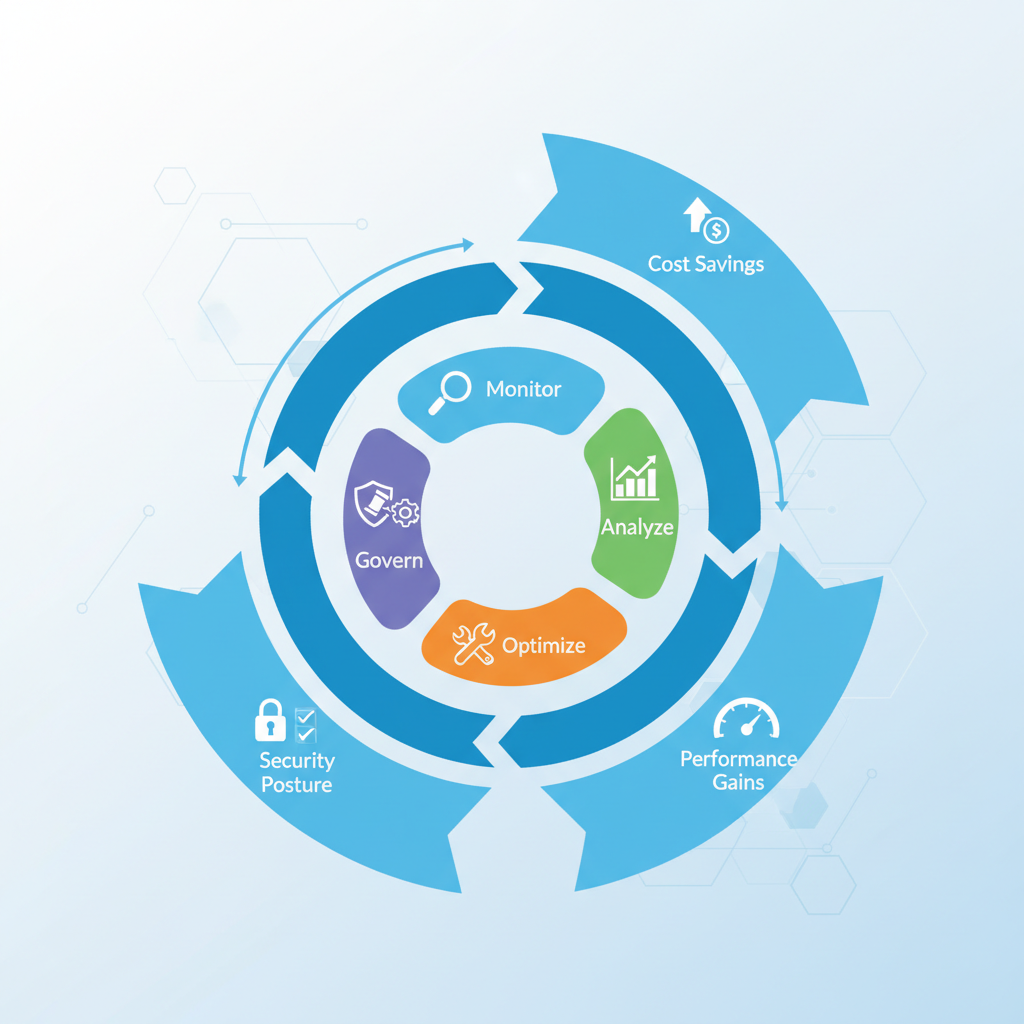 A detailed diagram showing a circular flow of continuous improvement in cloud optimization, including stages like 