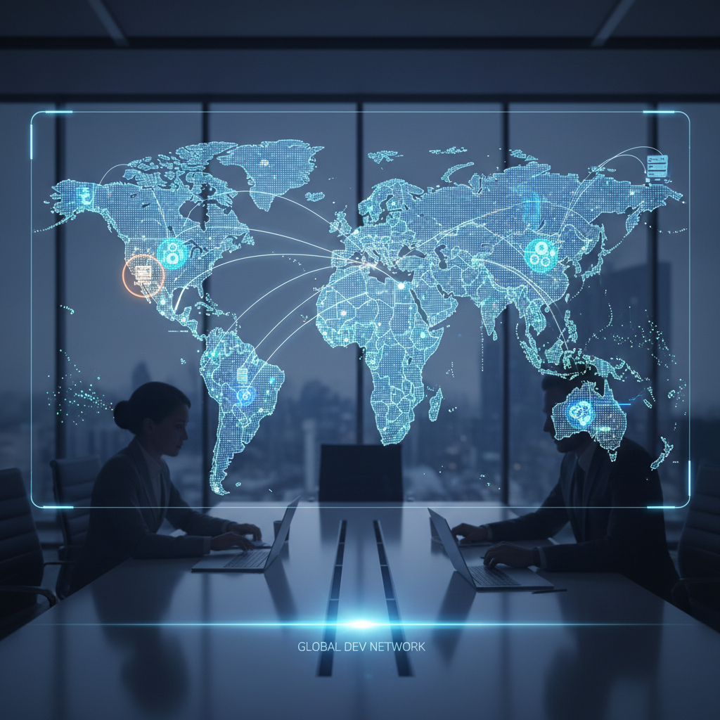 A world map showing connections between different countries, with lines representing data flow and collaboration in software development, highlighting various offshore regions.