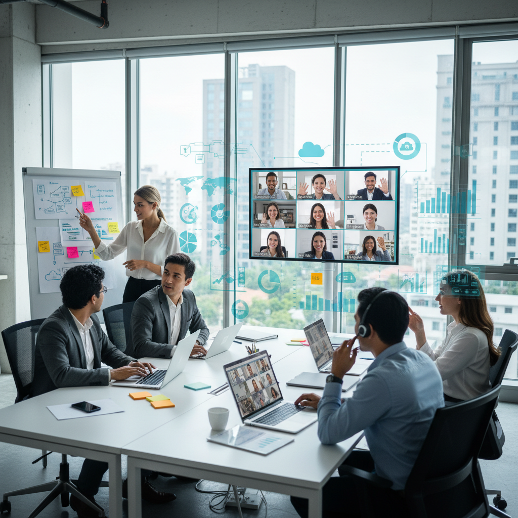 A modern office environment where diverse teams are collaborating on laptops and whiteboards, depicting both in-person and remote interactions through video calls, symbolizing seamless global collaboration.
