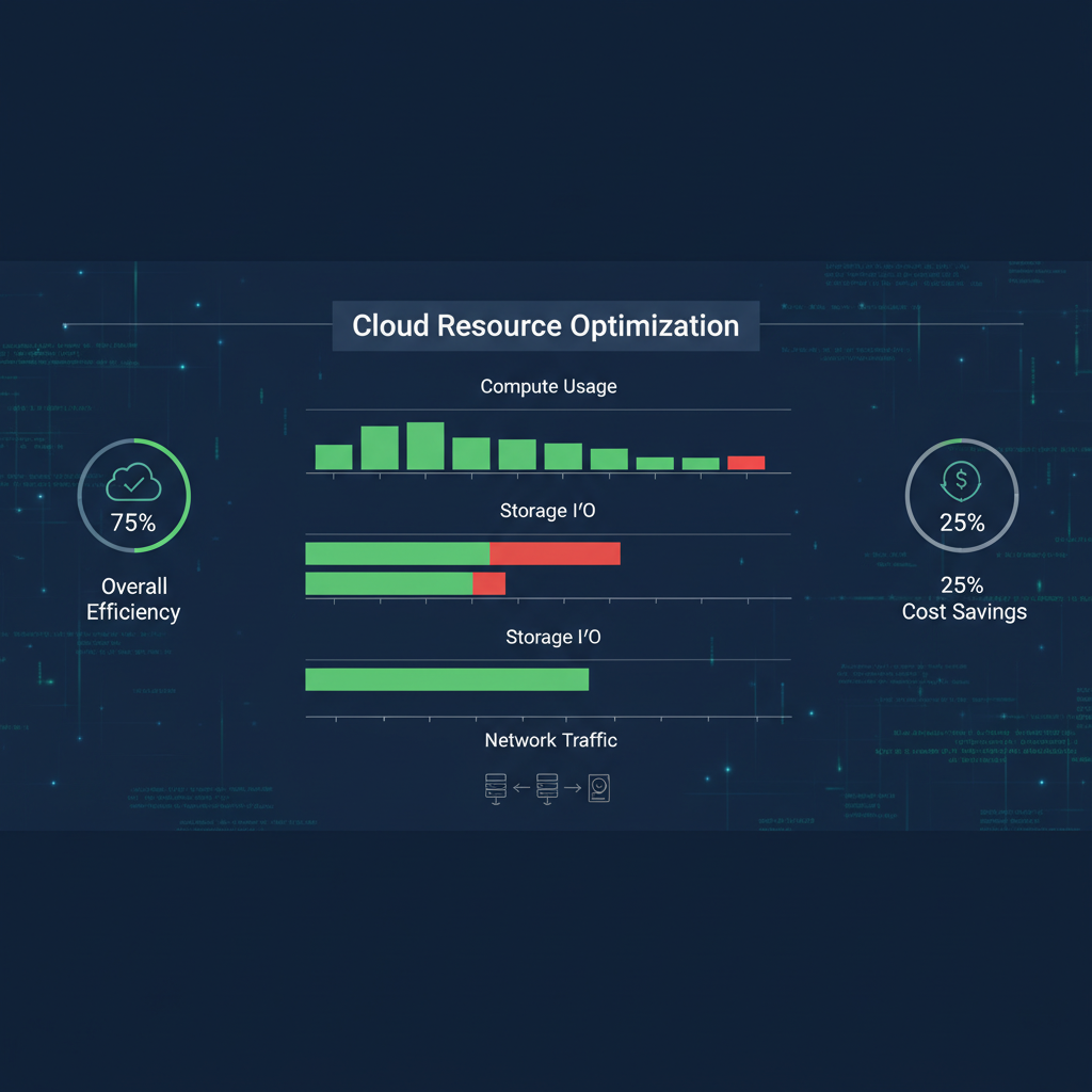 A dashboard showing cloud resource utilization graphs, with green bars indicating optimal use and red bars indicating idle or over-provisioned resources. A subtle overlay of code snippets can be seen in the background.