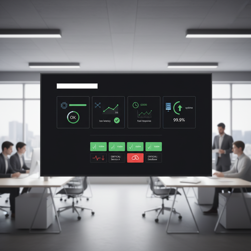 A dashboard displaying various metrics such as CPU usage, network latency, application response times, and server uptime. The dashboard should clearly show green (good) and red (critical) indicators for different services, emphasizing real-time monitoring of local cloud infrastructure.