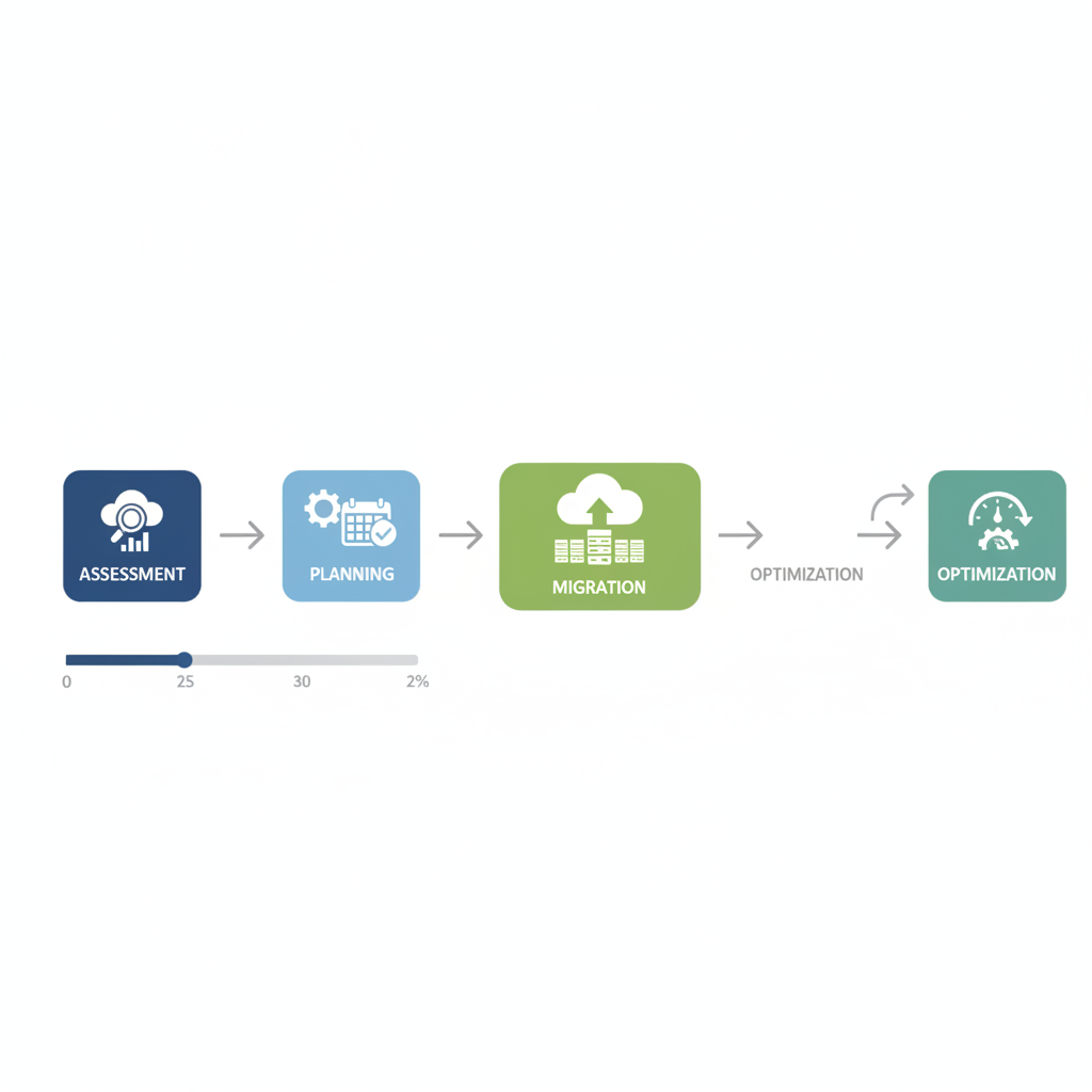 A flowchart illustrating the different phases of an AWS migration journey, starting from assessment, planning, migration, and finally optimization, with arrows indicating the flow between stages.