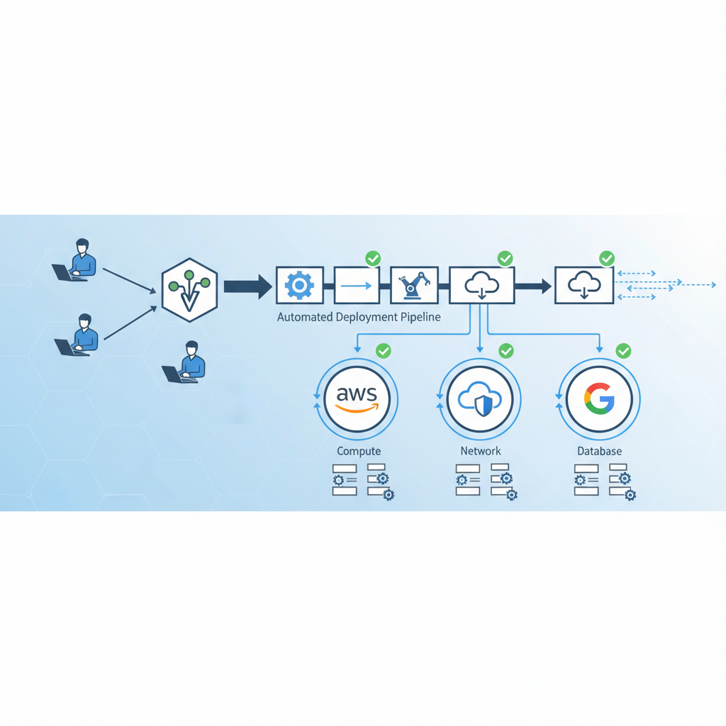 A diagram illustrating the workflow of Infrastructure as Code, showing developers committing code to a version control system, which then triggers an automated deployment pipeline to provision and configure cloud resources across different cloud providers.