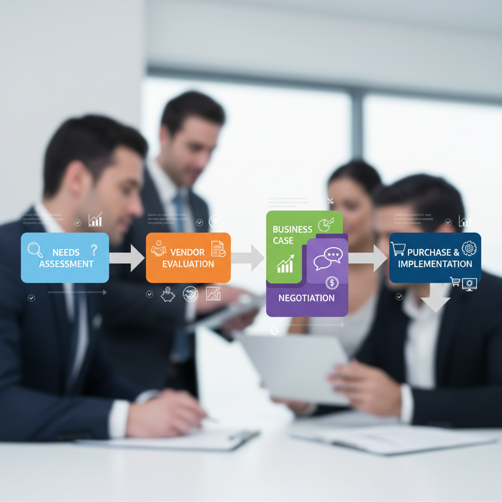 A flowchart illustrating the procurement process for software, starting from needs assessment, vendor evaluation, business case creation, negotiation, to final purchase and implementation.