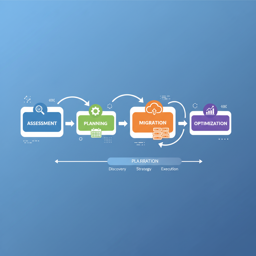 A flowchart illustrating the various stages of cloud adoption, including assessment, planning, migration, and optimization, with arrows indicating dependencies and feedback loops.