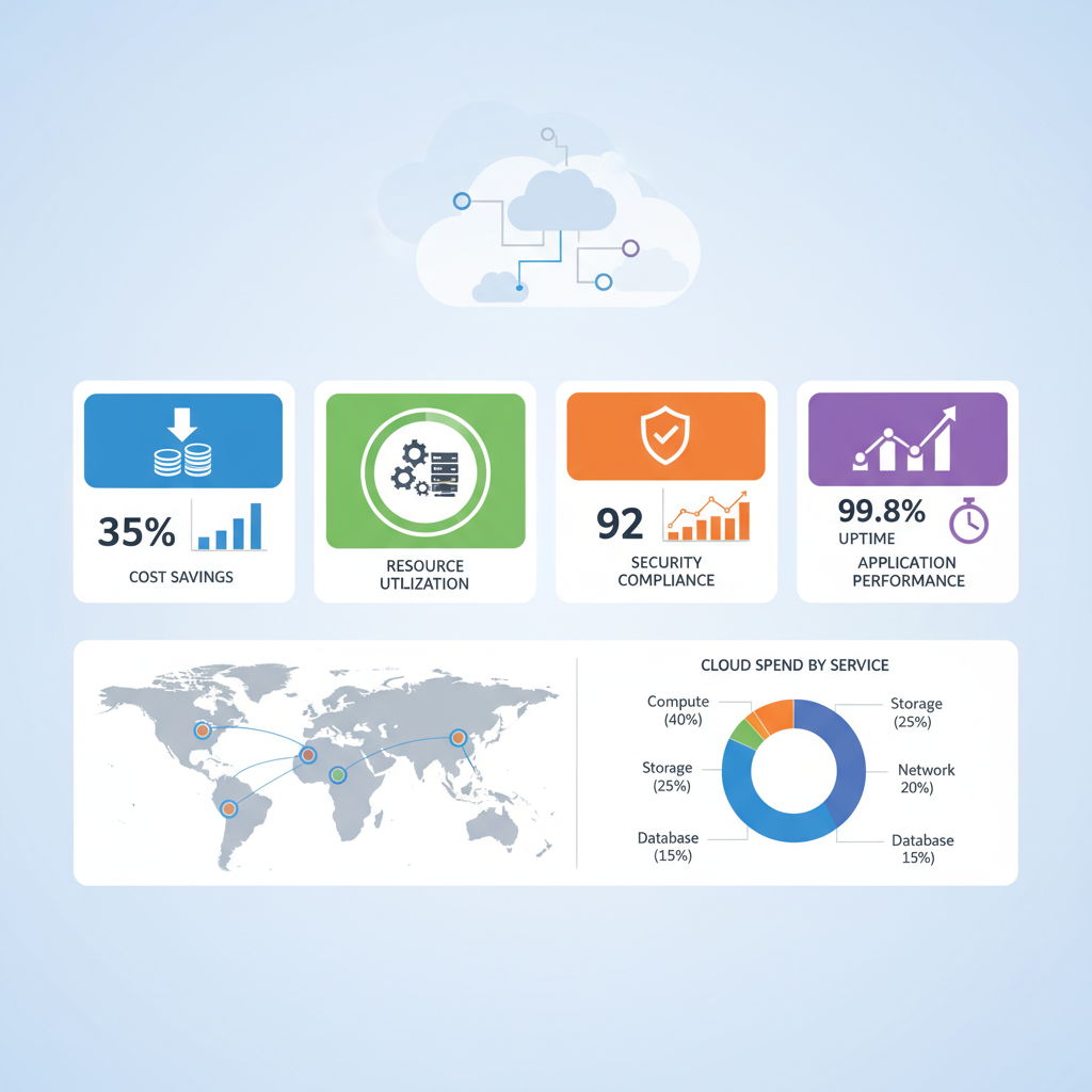 A dashboard displaying key cloud metrics such as cost savings, resource utilization, security compliance scores, and application performance data.