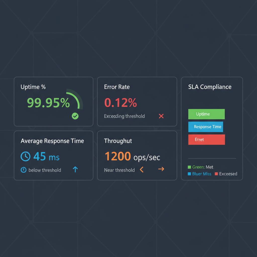 A dashboard showing various cloud performance metrics like uptime percentage, average response time, error rate, and throughput, with color-coded indicators for compliance with SLA thresholds.