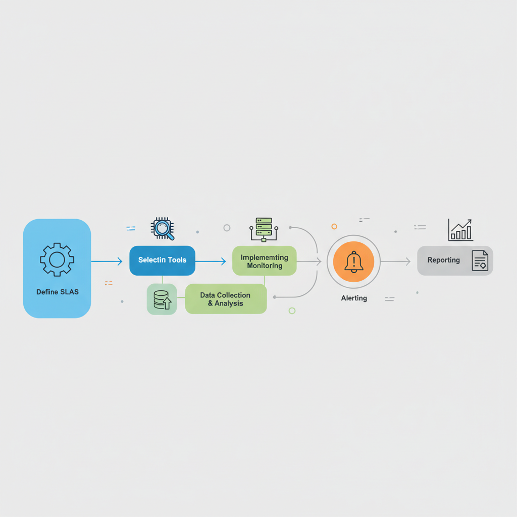A flowchart illustrating the Cloud SLA monitoring process, starting from defining SLAs, selecting tools, implementing monitoring, data collection and analysis, alerting, and reporting.