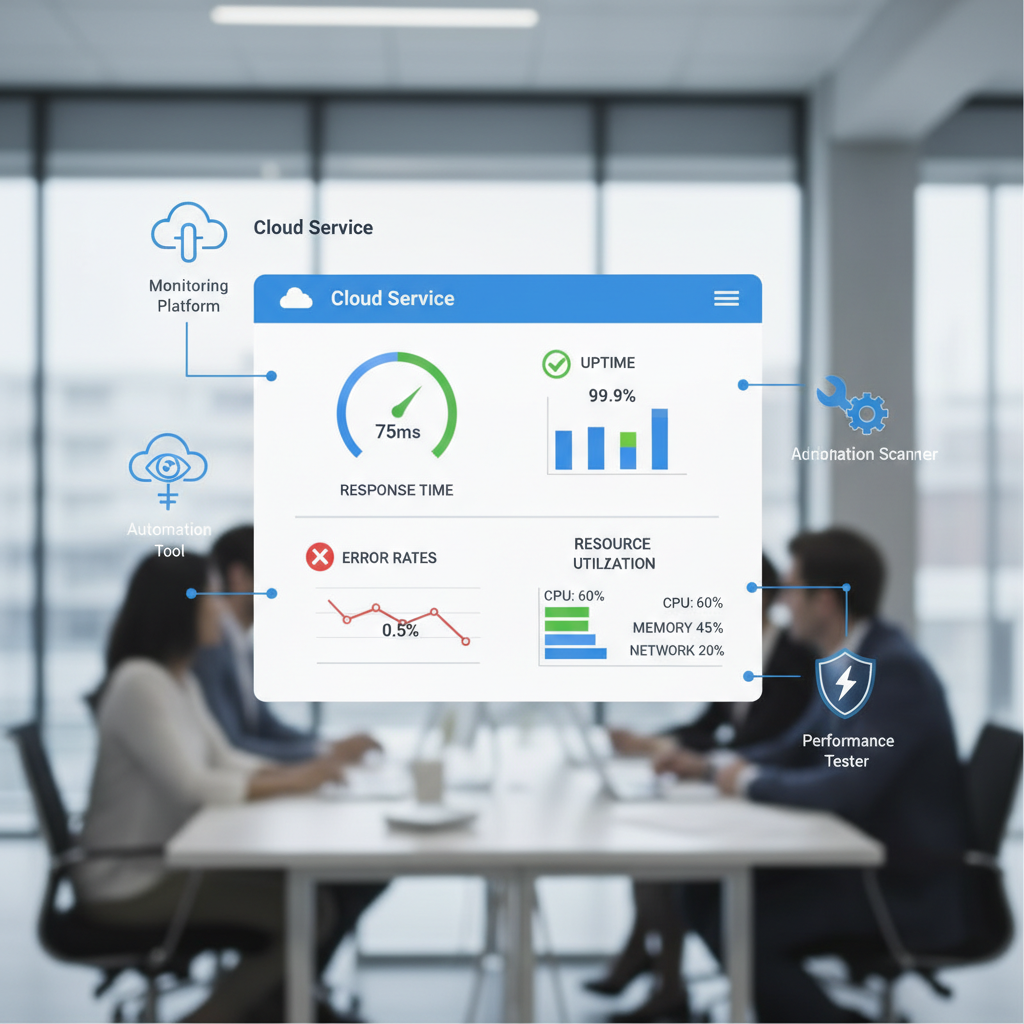 A dashboard showing various cloud service metrics like response time, uptime, error rates, and resource utilization, with different monitoring tools represented as icons.