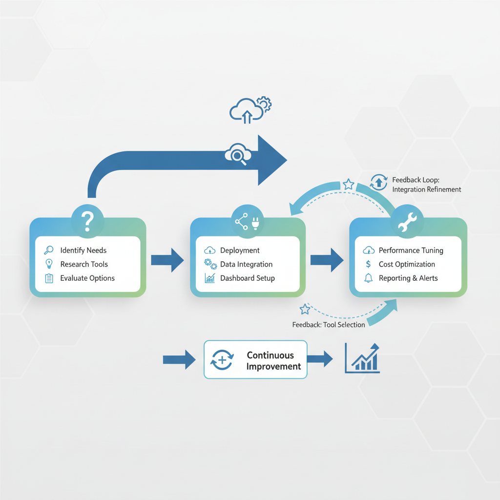 A flowchart illustrating the process of selecting, integrating, and optimizing cloud monitoring tools, showing feedback loops for continuous improvement.
