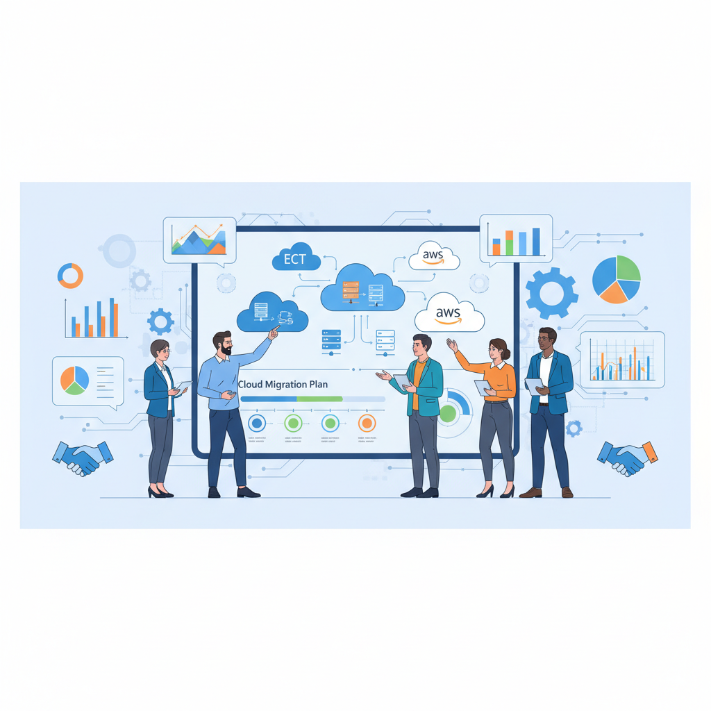 A diverse team of IT professionals collaborating around a large screen displaying AWS architecture diagrams and migration plans, emphasizing partnership and expertise.