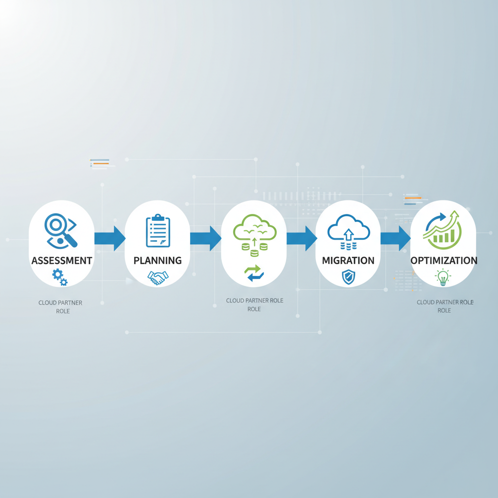 A timeline infographic visually depicting the AWS cloud migration journey, with key milestones like assessment, planning, migration, and optimization highlighted, and small icons representing a cloud partner's role at each stage.