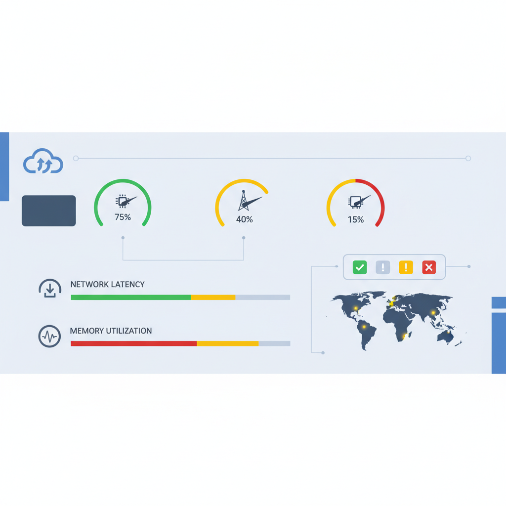 A dashboard displaying various cloud service performance metrics like CPU usage, network latency, and memory utilization, with green, yellow, and red indicators for SLA compliance.