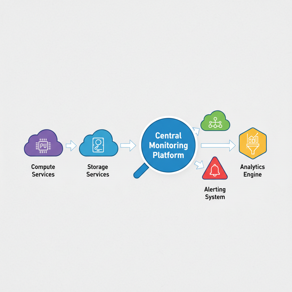 A diagram showing various cloud services (e.g., compute, storage, networking) connected to a central monitoring platform, which then feeds data to an analytics engine and an alerting system.