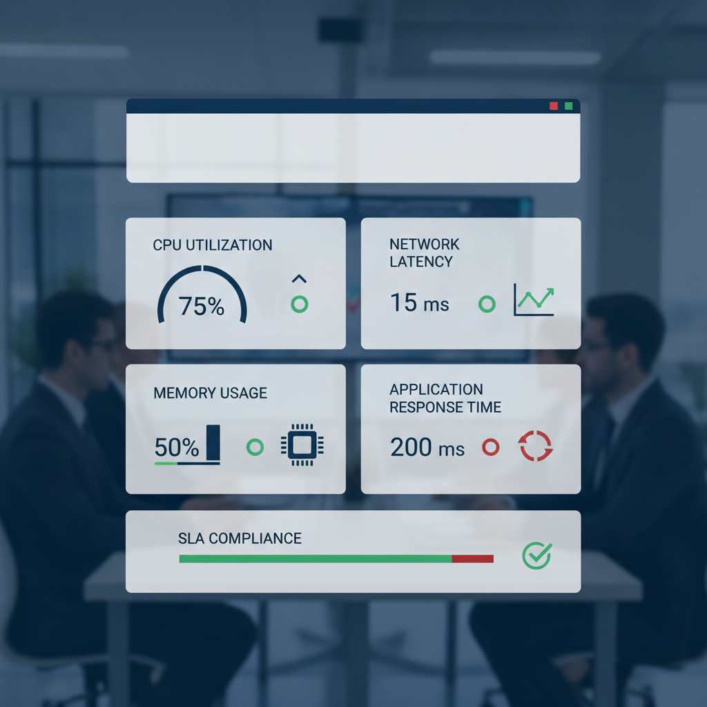 A dashboard showing various cloud performance metrics like CPU utilization, network latency, memory usage, and application response times, with green/red indicators for SLA compliance.