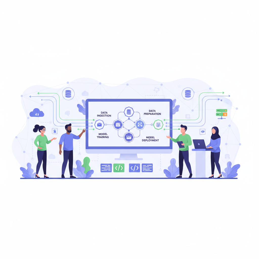 A diverse team of data scientists and IT professionals collaborating around a large monitor displaying MLOps pipeline diagrams and code. The scene should convey teamwork and integration.