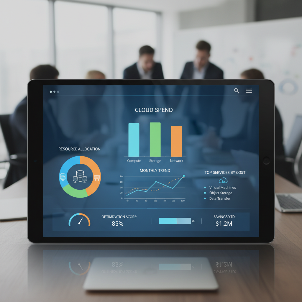 A dashboard displaying various cloud cost metrics, graphs, and resource usage breakdown, illustrating visibility and monitoring.