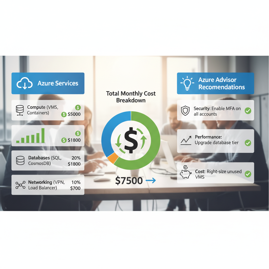 A graphical representation of Azure services with cost breakdowns, showing recommendations from Azure Advisor.