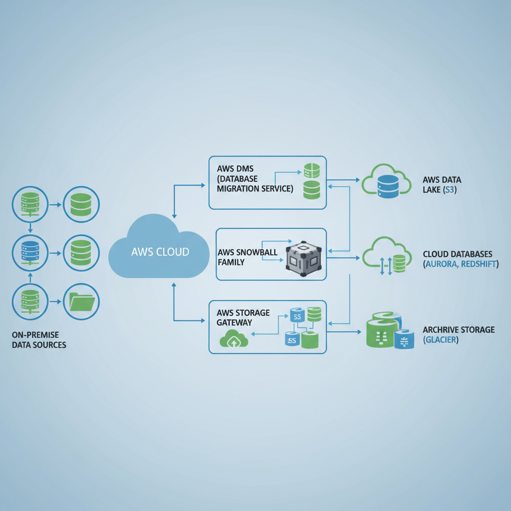 A diagram showing various AWS data migration tools like AWS DMS, AWS Snowball, and Storage Gateway, illustrating how data moves from on-premise sources to AWS cloud storage and databases.