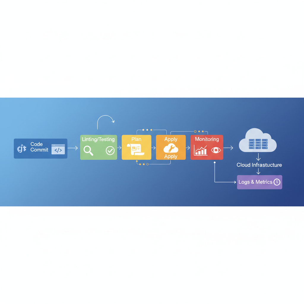 A diagram showing a CI/CD pipeline for IaC, with stages like 