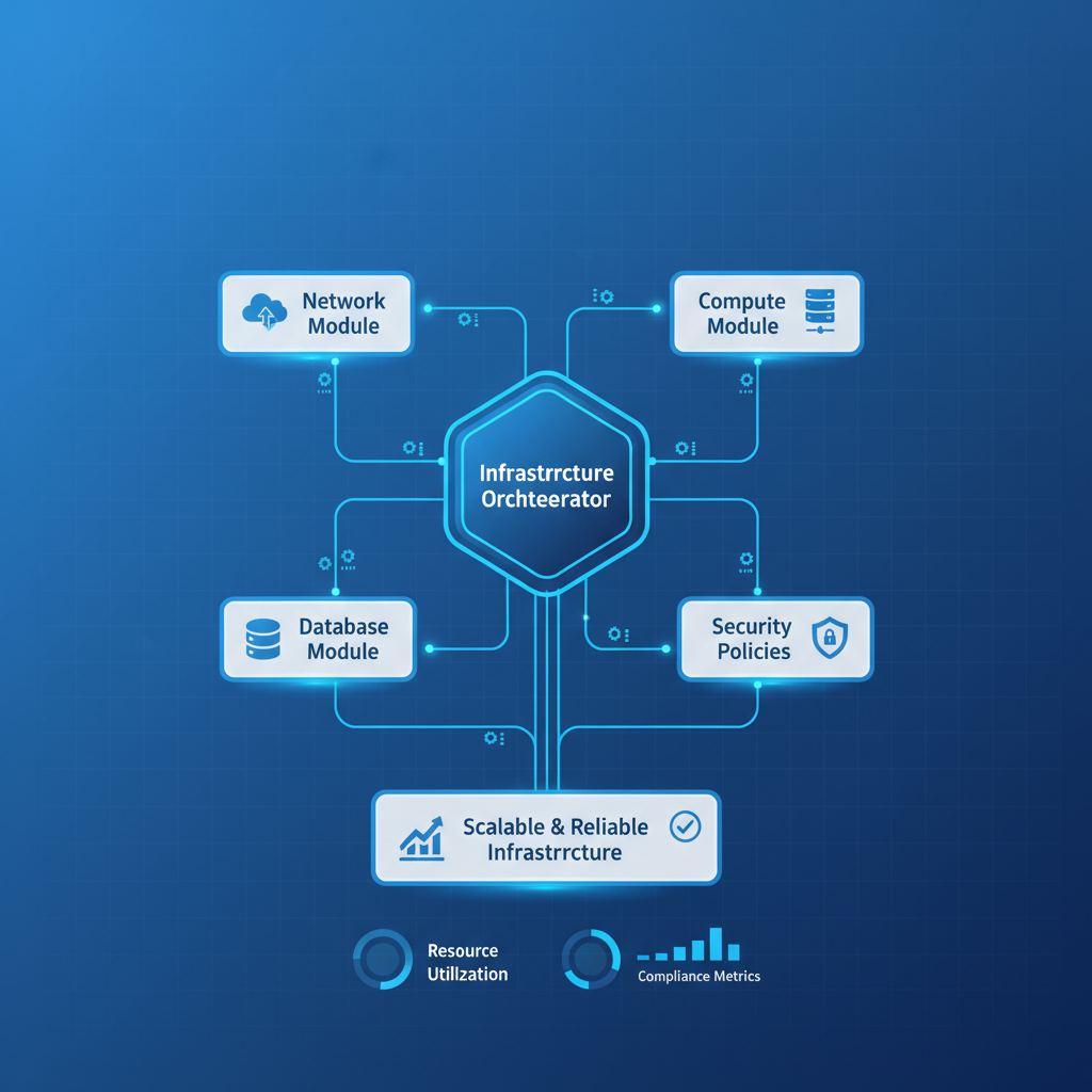 A conceptual diagram showing interconnected modular IaC components like 