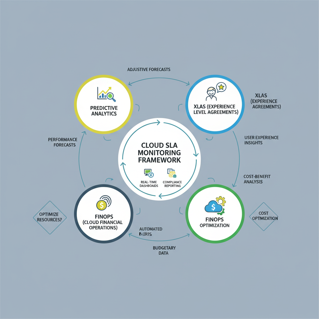 An infographic illustrating the interconnectedness of predictive analytics, XLAs, and FinOps within a modern cloud SLA monitoring framework, showing data flows and decision points.