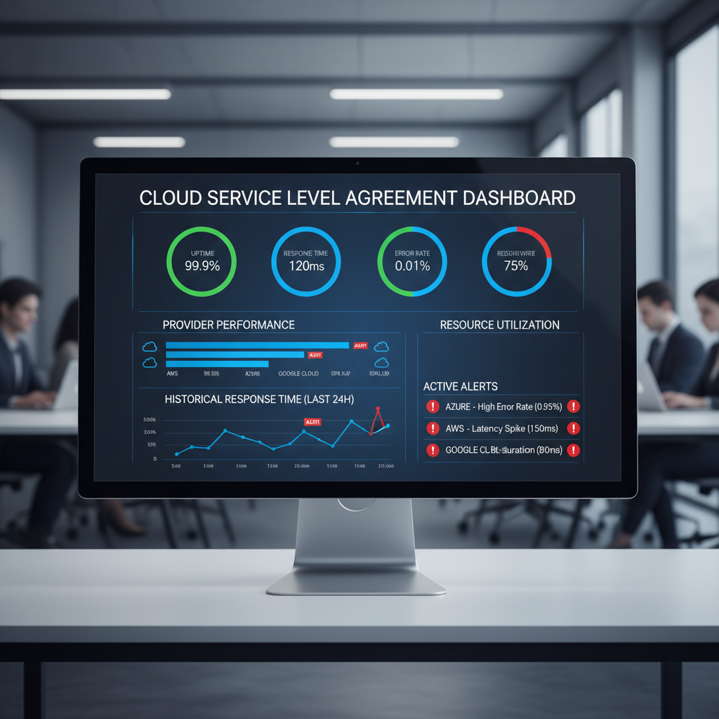 A dashboard displaying various cloud SLA monitoring metrics like uptime percentage, response times, error rates, and resource utilization across different cloud providers, with alerts highlighted.