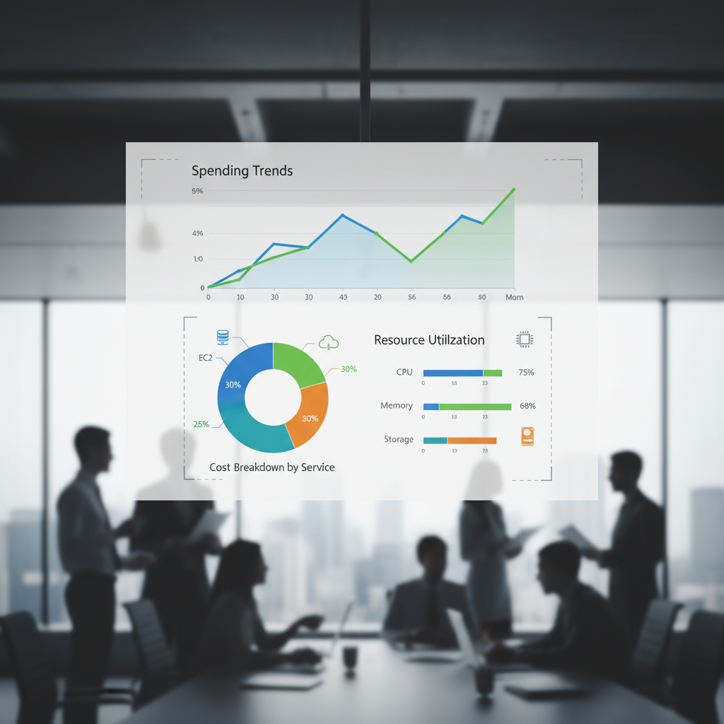 A dashboard displaying various cloud cost metrics, including spending trends over time, cost breakdown by service (EC2, S3, RDS), and resource utilization percentages. The dashboard uses clear charts and graphs to visualize data.