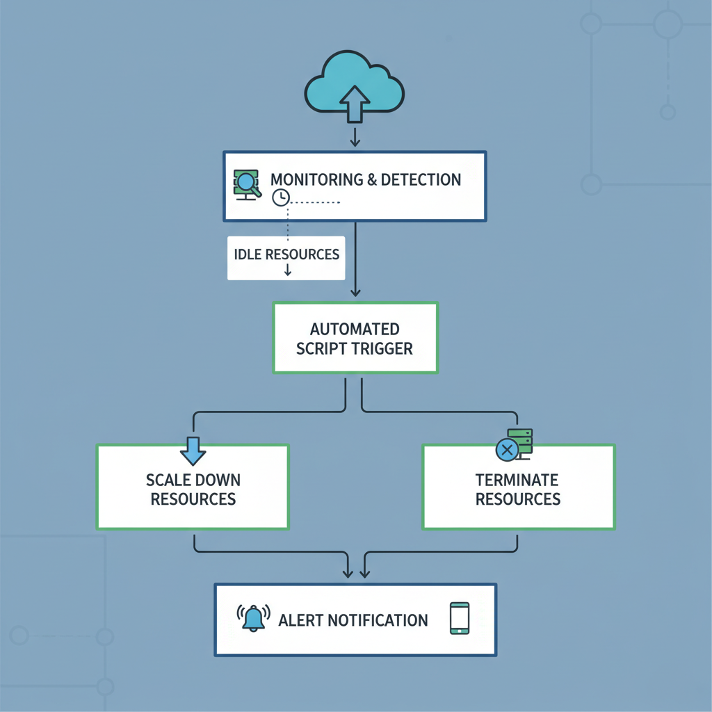 A flowchart illustrating an automated cloud cost optimization workflow, starting with monitoring and detection of idle resources, triggering an automated script to either scale down or terminate resources, followed by an alert notification.
