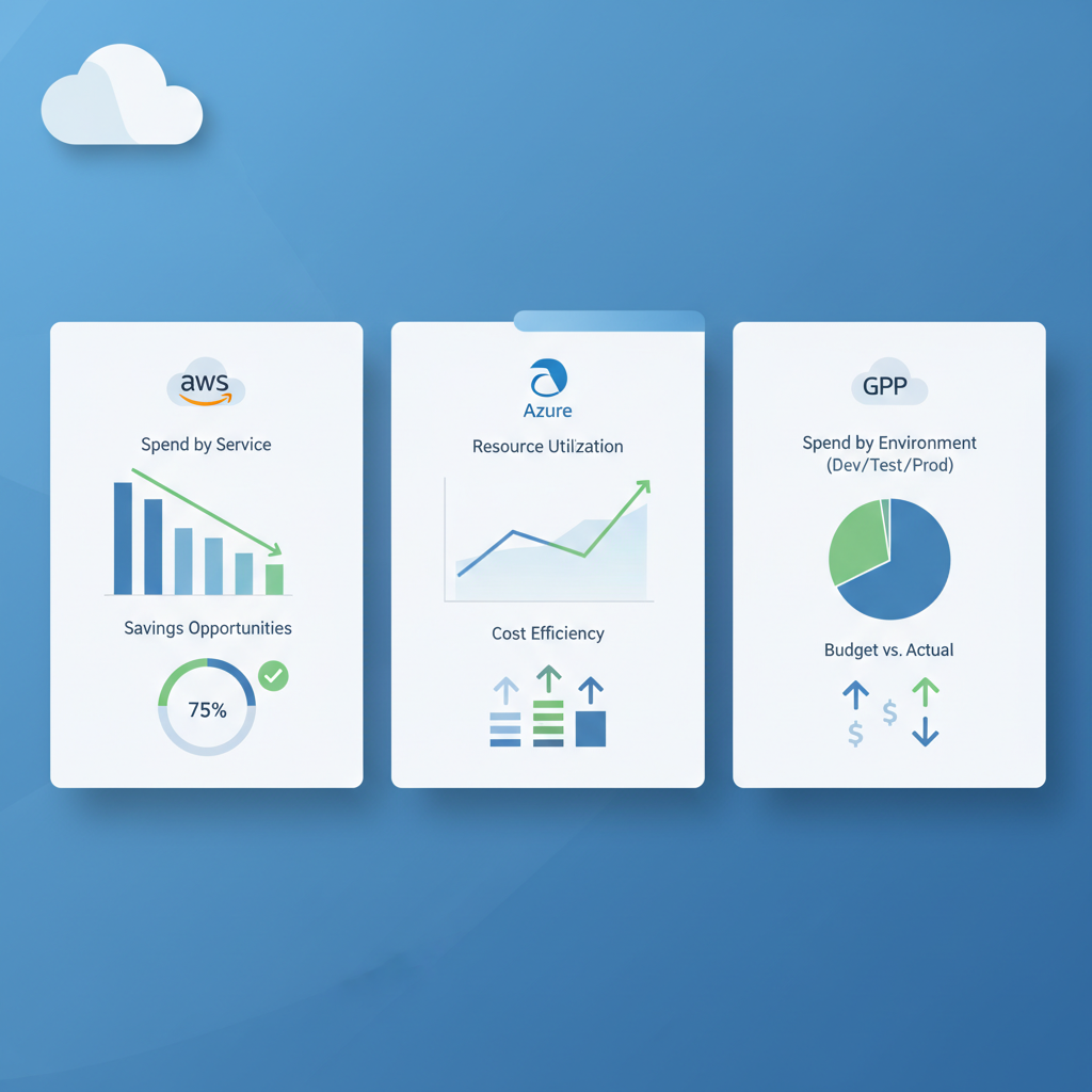 A dashboard displaying various cloud cost metrics like spend by service, savings opportunities, and resource utilization graphs with AWS, Azure, and GCP logos.