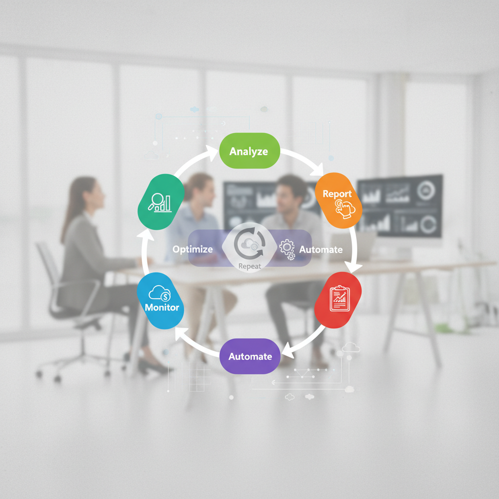 A flowchart showing the continuous cycle of cloud cost optimization: Monitor -> Analyze -> Optimize -> Automate -> Report -> Repeat.