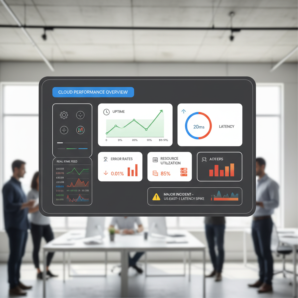 A dashboard showing various cloud performance metrics and alerts, including uptime, latency, error rates, and resource utilization, with customizable widgets and real-time data feeds.