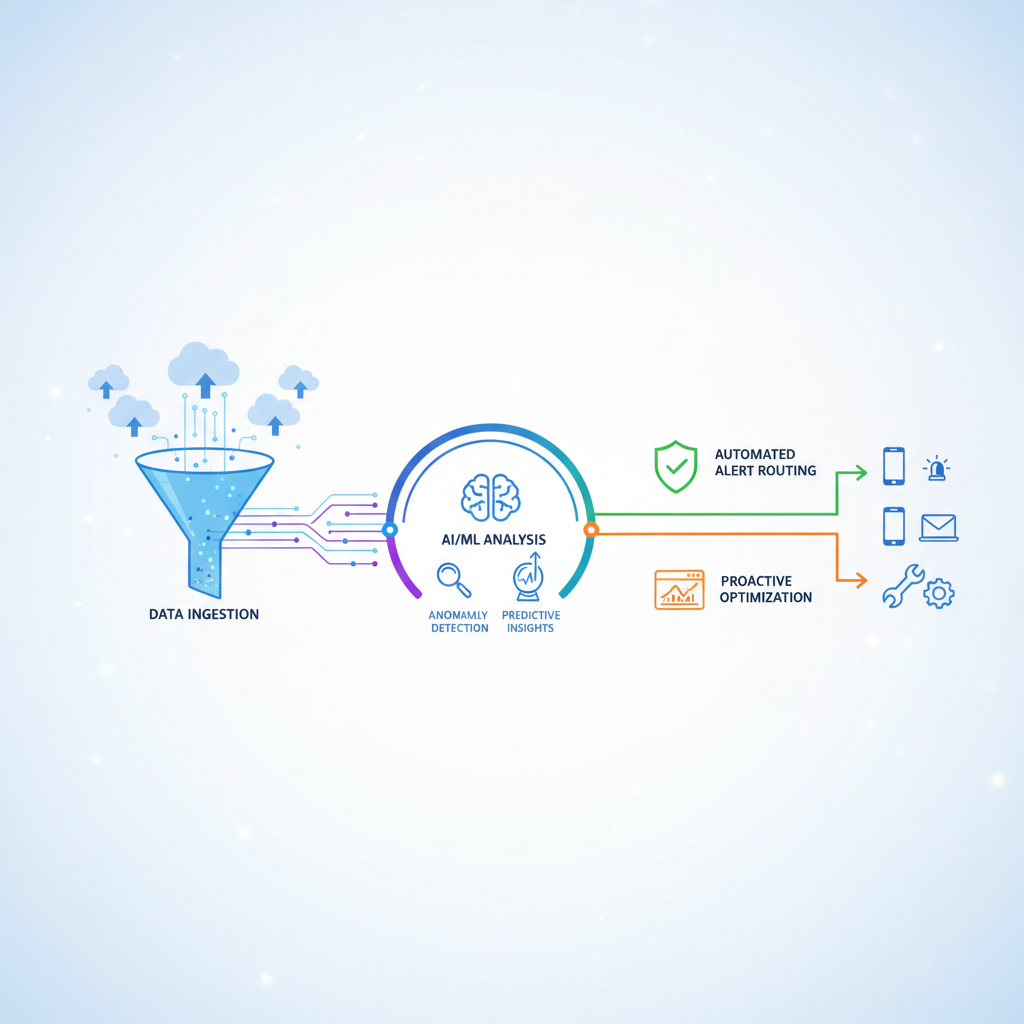 A conceptual diagram illustrating proactive AI-driven cloud monitoring with predictive analytics, showing data ingestion, AI/ML analysis for anomaly detection, predictive insights, and automated alert routing.