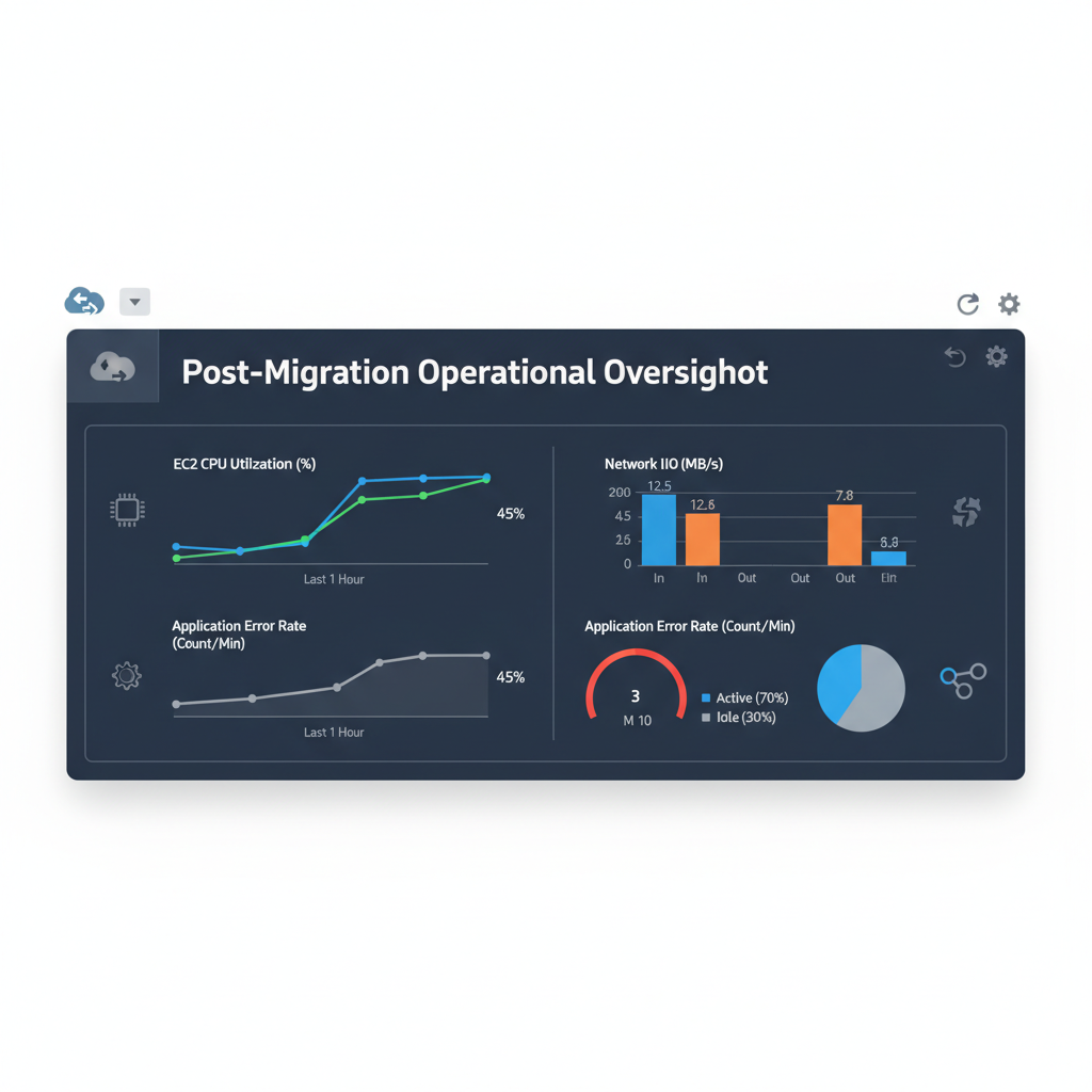 A screenshot of the AWS Management Console showing the CloudWatch dashboard with various monitoring metrics like CPU utilization, network I/O, and error rates, illustrating operational oversight post-migration.