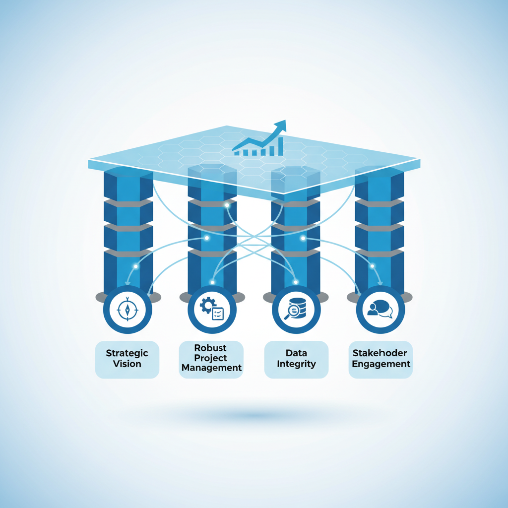A diagram showing four interconnected pillars supporting a platform, each pillar labeled with a key success factor like 