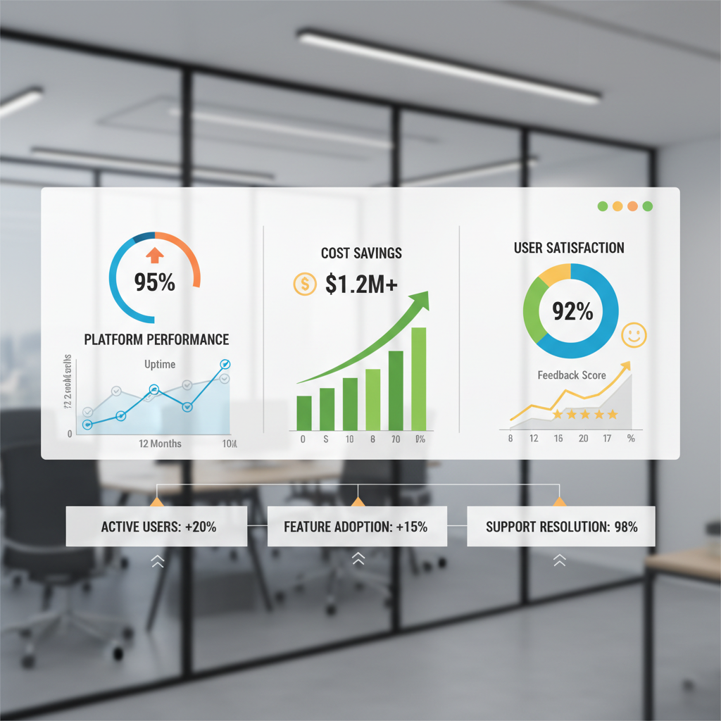 A dashboard displaying various KPIs related to platform performance, cost savings, and user satisfaction, with graphs showing positive trends over time.