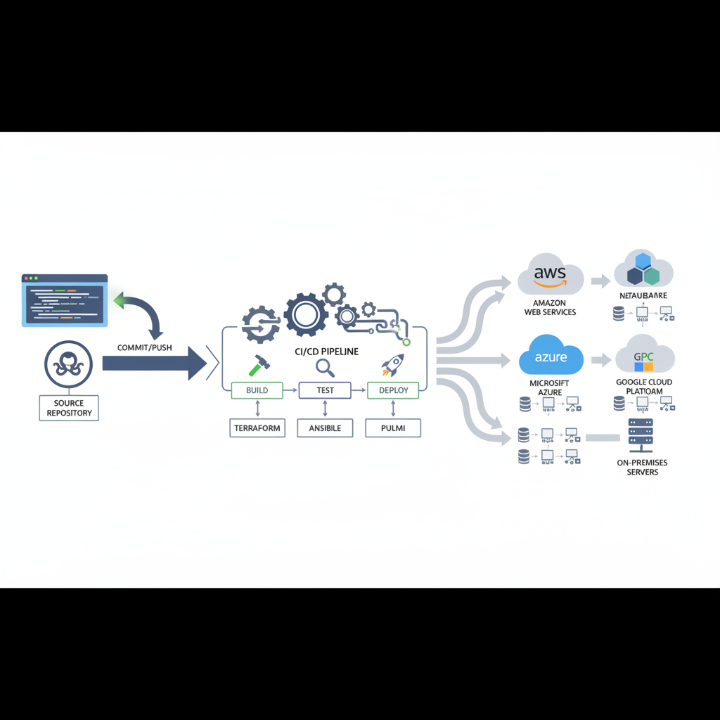 A complex diagram illustrating the flow of Infrastructure as Code, showing code being committed to a repository, CI/CD pipeline triggering IaC tools, and then provisioning resources on multiple cloud platforms and on-premises servers.